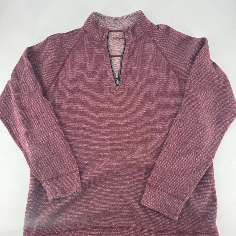 Tommy‎ Bahama Mens Quarter Zip Pullover Sweater Burgundy Heathered Ribbed Knit